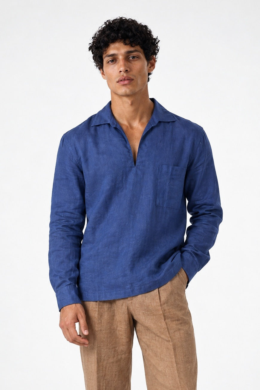 Polo Lino PAORA Manica Lunga - Blue - SETTANTA