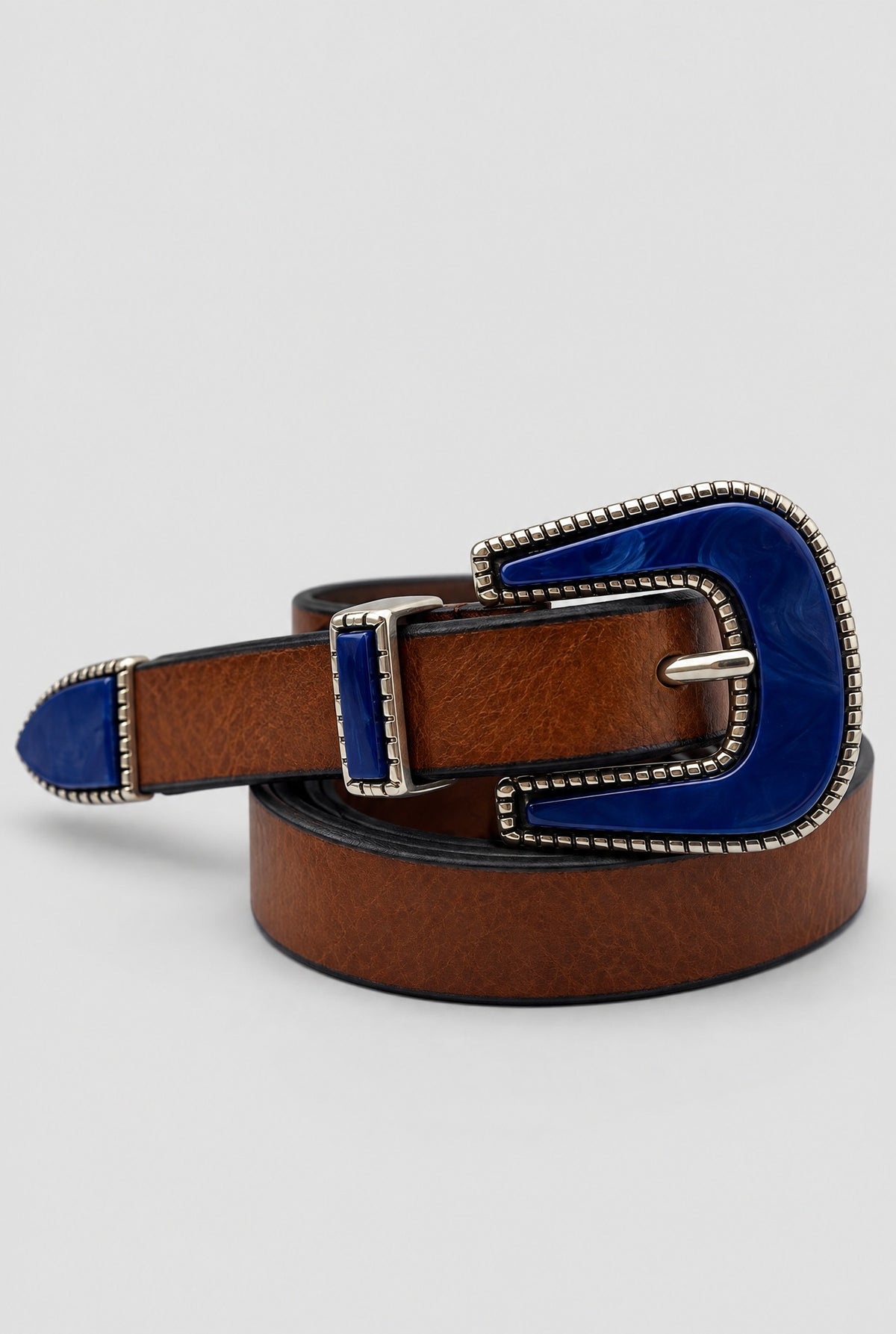 Cintura IZUMI Accessorio New - Pelle Martellata - Celeste & Marrone - SETTANTA